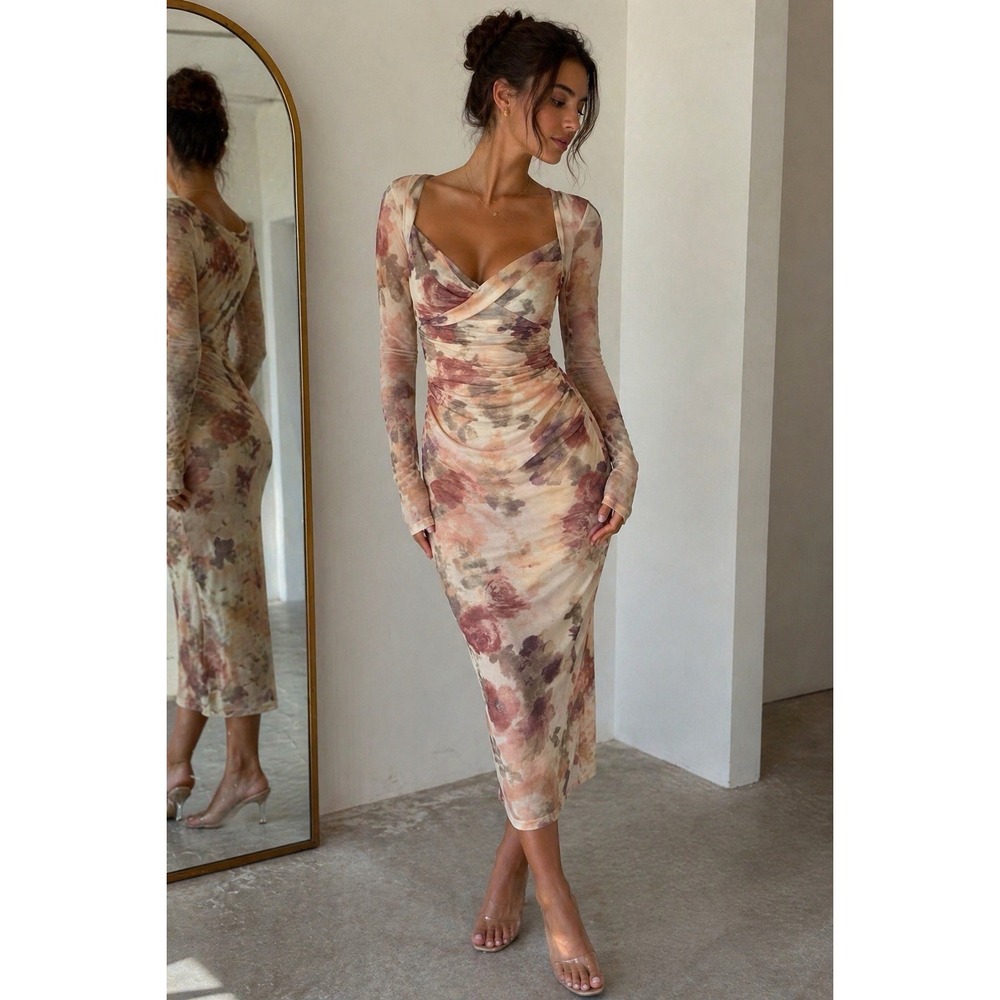 Sheer Floral Mesh Midi Dress Ruched Long Sleeve Bodycon Romantic Wedding Guest